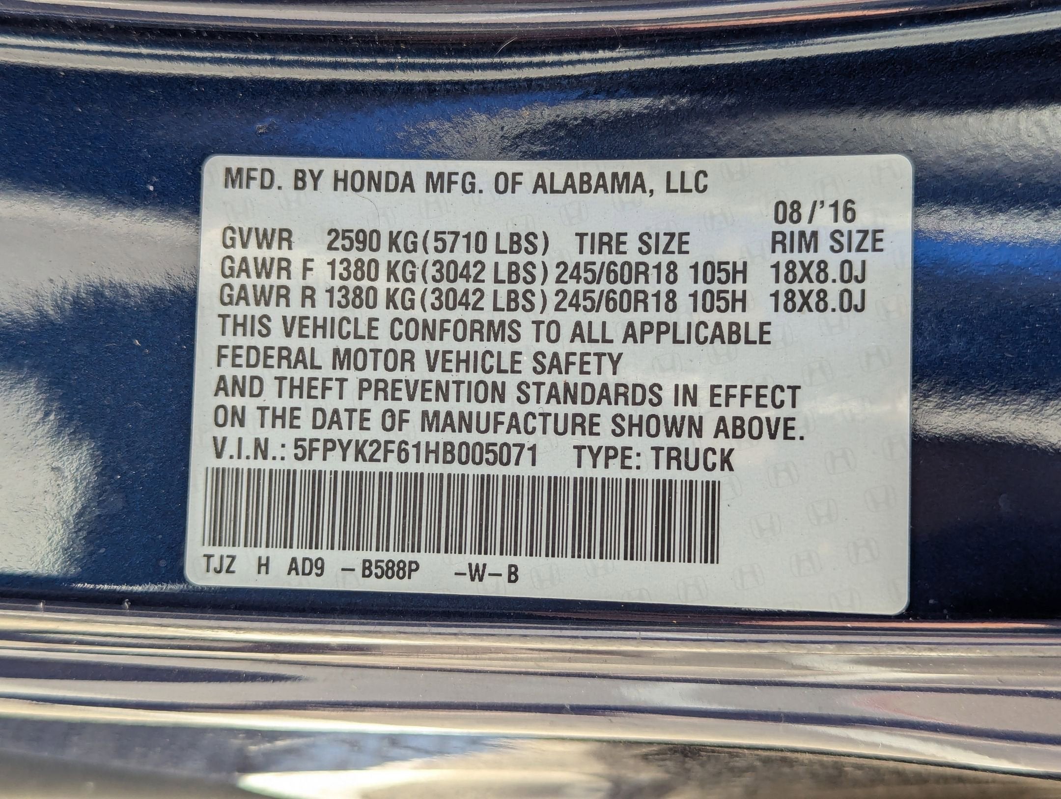 2017 Honda Ridgeline RTL-T